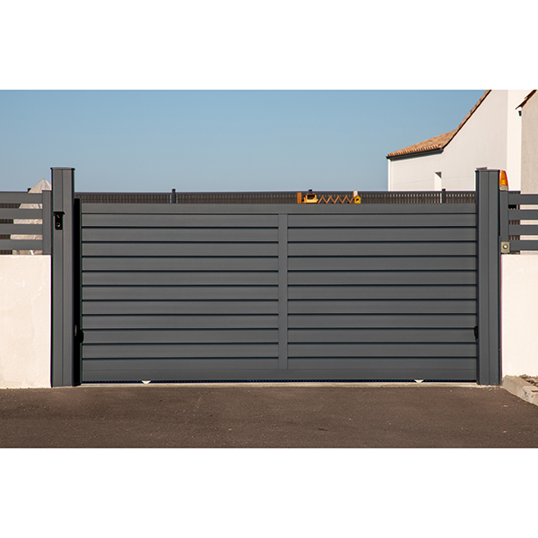 Aluminum portal sliding grey large car gate of modern house in street view